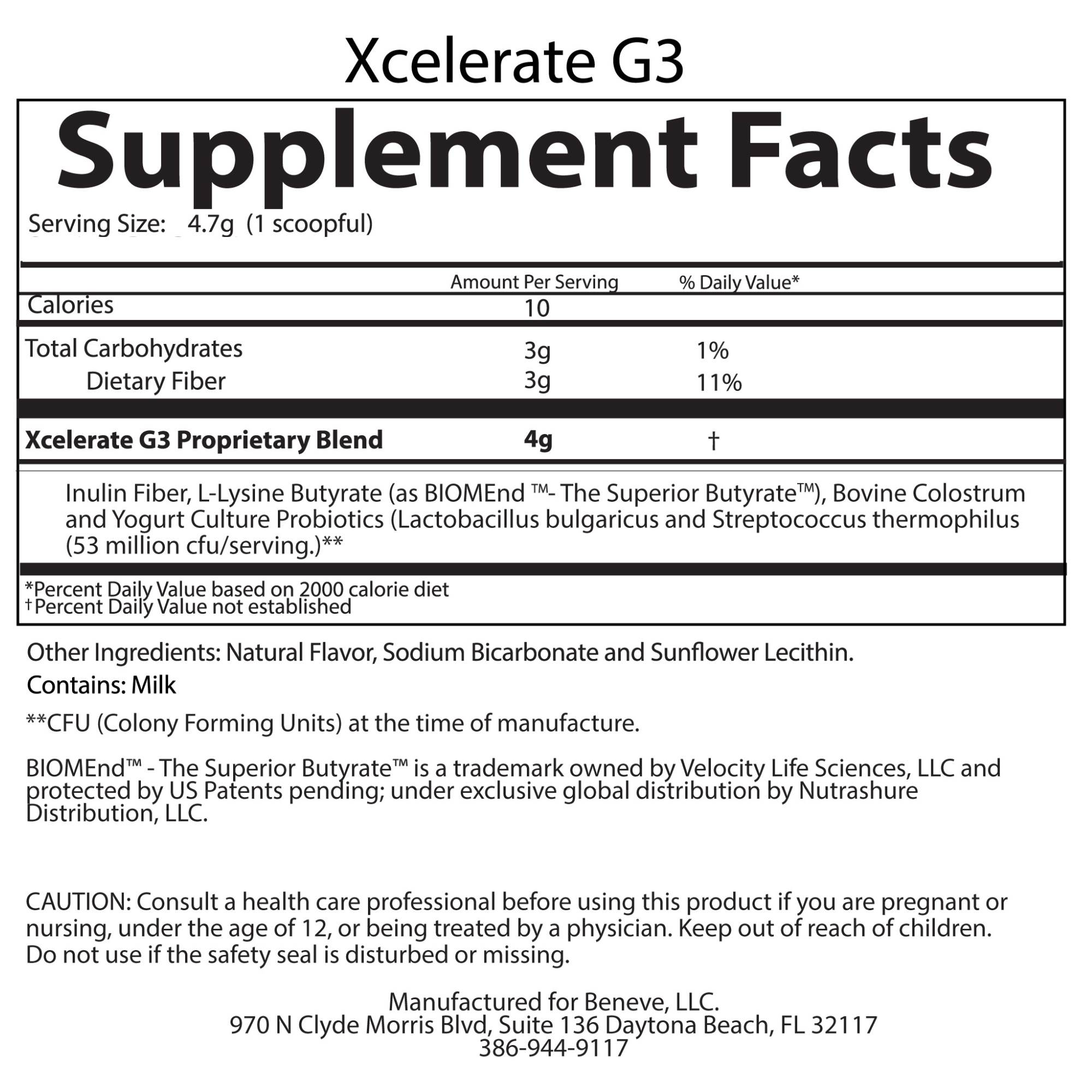 Xcelerate G3 nutrition label